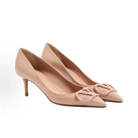Valentino Garavani VLogo Signature Women's Cinnamon Pink Pointed-Toe Slip-On Stiletto Heels (6cm) in Leather and Patent Leather