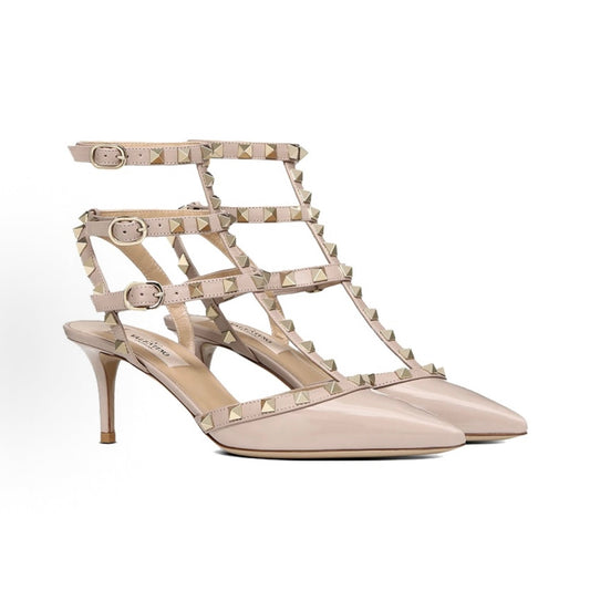 Valentino Rockstud Nude Stiletto Heels (6.5cm) with Triple Straps and Studs – Women's