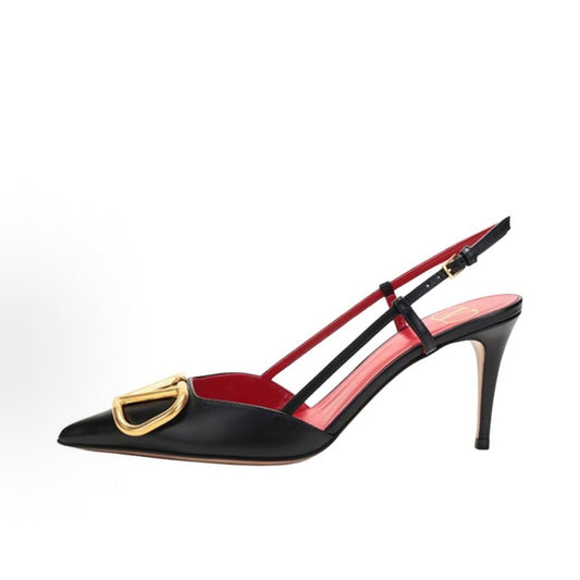 Valentino Garavani VLogo Women's Black Patent Leather Pointed-Toe Stiletto Heels (9cm) with Buckle Strap